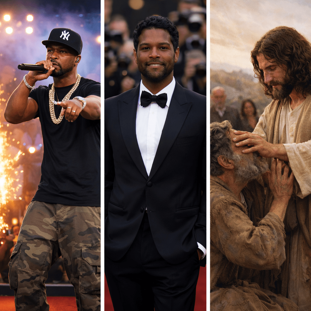 Female singer performing on stage, man in tuxedo at red carpet, and biblical figure healing a man