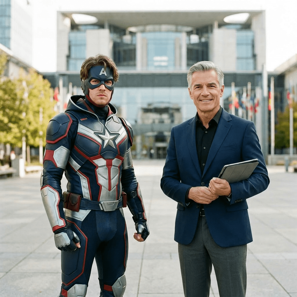 Man in detailed superhero costume standing beside a woman in business attire holding a tablet outside modern government building