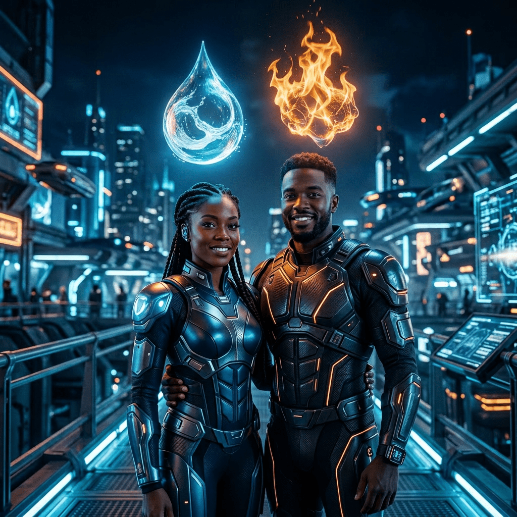 Two futuristic adults in armored suits standing before a cyber city, with fire and water elemental symbols floating above them