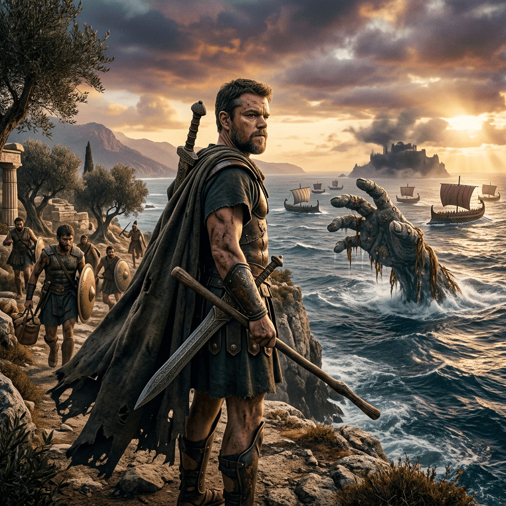 Ancient warrior with sword on cliff watching giant sea monster's hand rising amid warships