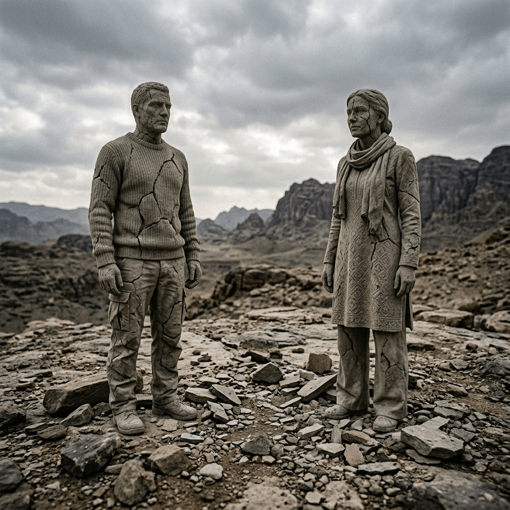 Two human-shaped stone statues with cracks standing among rocky terrain under cloudy sky
