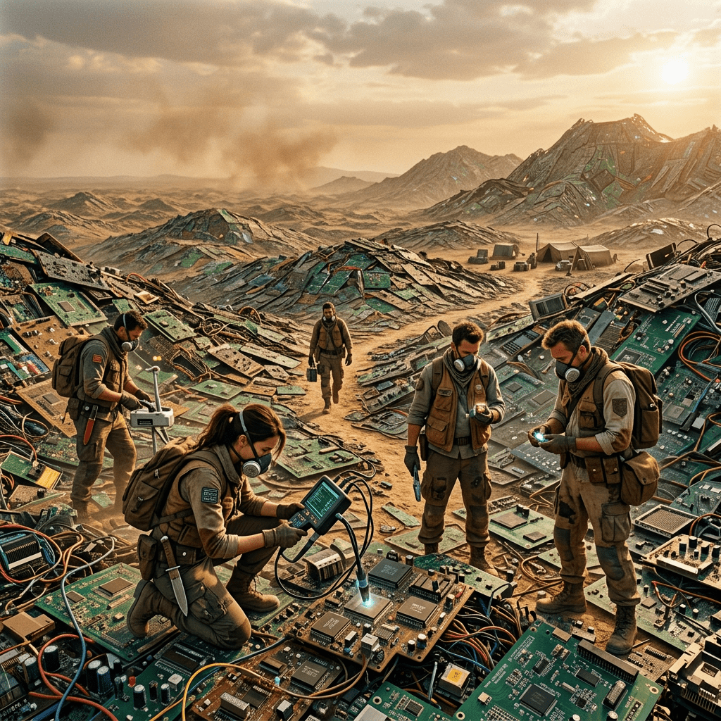 Five people in protective gear examining large circuit boards in a desert setting