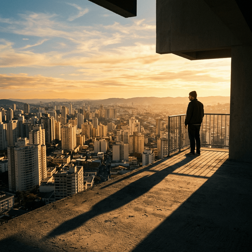 Person standing on a balcony overlooking a dense city at sunset