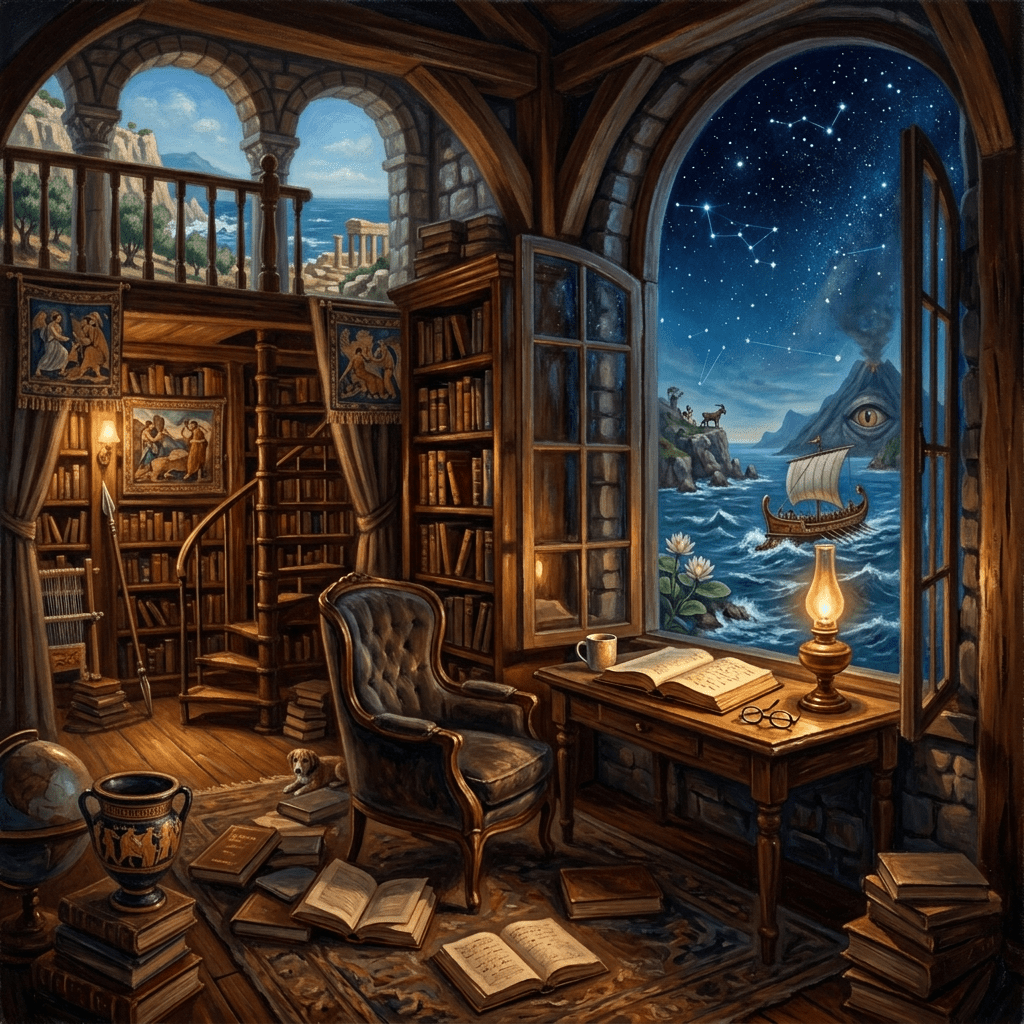 Cozy library study with books, desk, lamp, and starry open window