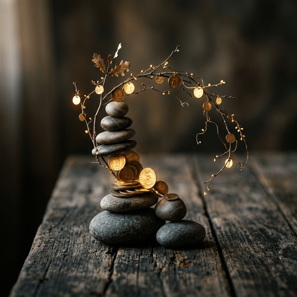 Stacked smooth stones and coins beneath a glowing decorative branch