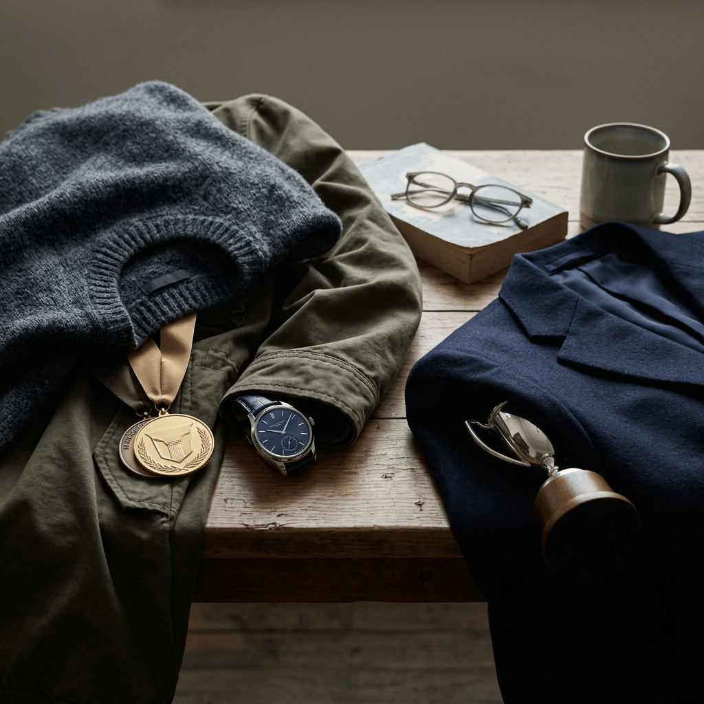 Medal, watch, glasses, coffee, and clothing arranged on a wooden table