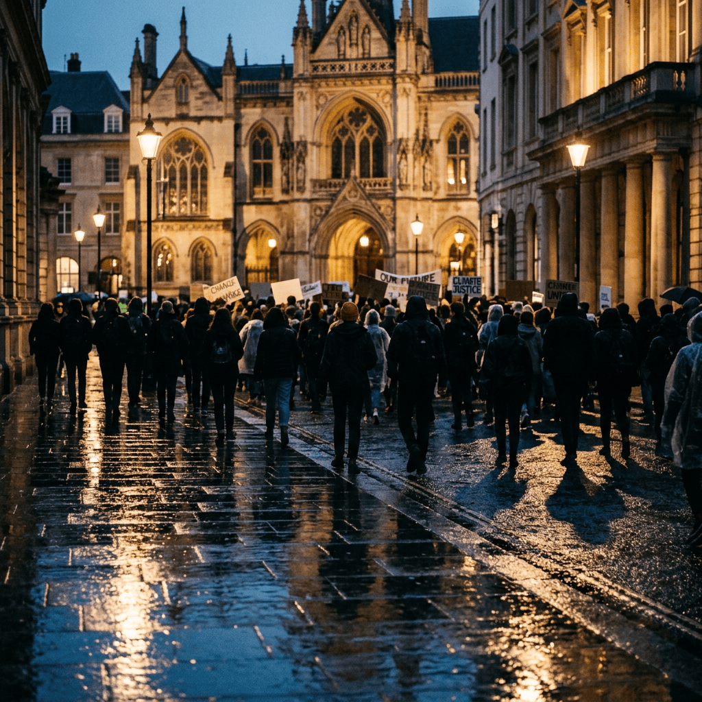Crowd carrying climate justice signs outside a historic Gothic building
