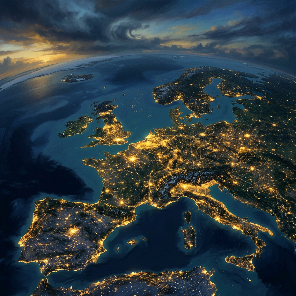 Satellite-style view of Europe glowing with city lights at dusk
