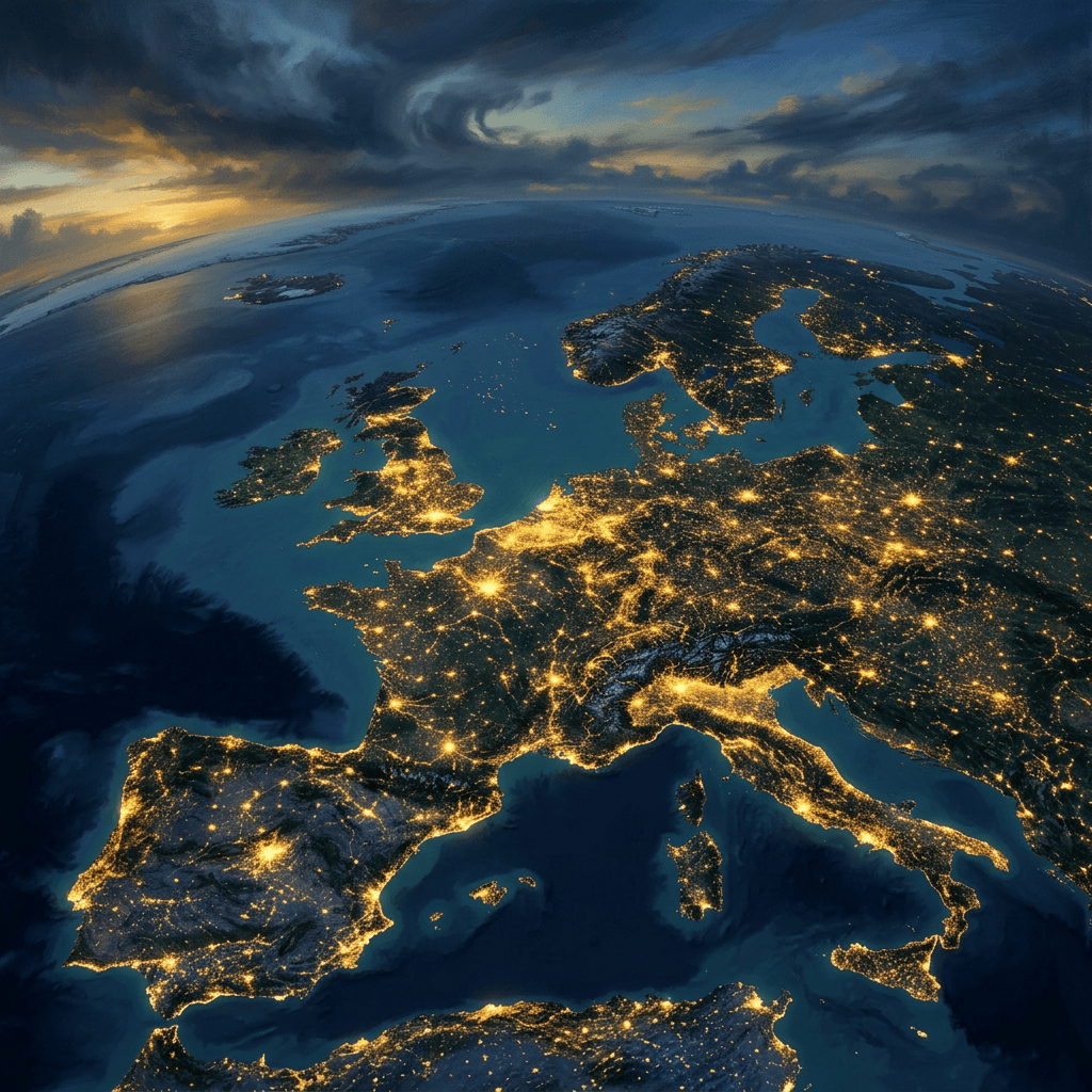 Satellite-style view of Europe glowing with city lights at dusk